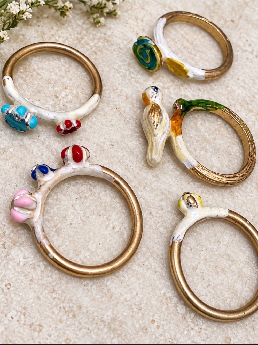 Whimsical Cottagecore Ring Bundle – Lot of 5 Floral & Bird Rings, Size 6.5